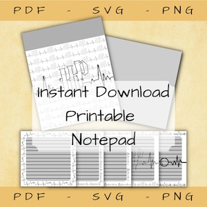 Puede incluir: Bloc de notas imprimible con un borde de patrón EKG en blanco y negro. El bloc de notas tiene tres secciones con papel rayado. El texto "Descarga instantánea" y "Bloc de notas imprimible" es visible en la imagen.