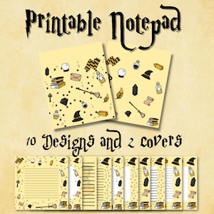 May include: Printable notepad featuring 10 designs and 2 covers. The designs are yellow with black illustrations of a witch's hat, a broom, a crystal, a feather, a potion bottle, a book, a key, a wand, a magic ball, and stars. The covers are yellow with black and gold illustrations of a scarf, a book, a potion bottle, a crystal, a feather, a wand, a magic ball, and stars.