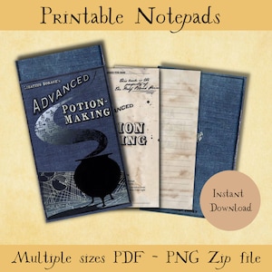 Op de afbeelding: Printbare notitieblok met een vintage boekomslag met de titel "Advanced Potion-Making" en een zwarte ketel met stoom die eruit opstijgt. Het notitieblok heeft gestreepte pagina's om op te schrijven.