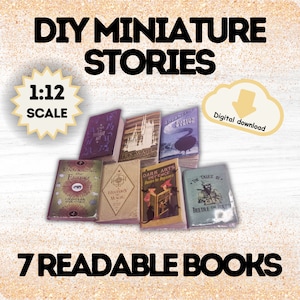 Peut inclure: Sept livres miniatures avec différents titres, dont "Histoire de la magie", "Défense contre les arts sombres" et "Les contes de Beetle le barde". Les livres sont à l'échelle 1:12 et sont disponibles en téléchargement numérique. DIY Miniature Stories.