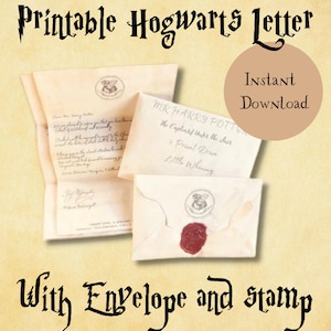 Carta de admisión a la escuela de magia imprimible. Descarga instantánea en dos tamaños con sobre, sellos y página posterior. ¡Perfecta para magos!