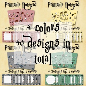 May include: Printable notepad featuring 40 designs in total. The designs are inspired by a popular fantasy series and feature various colors, including pink, yellow, gray, and green. Each color scheme includes 10 designs and 2 covers.
