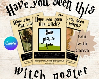 May include: A vintage-style poster with a whimsical font that reads "Have you seen this witch?" with a placeholder for a photo. The poster has a brown background with a woodgrain texture and a black star design. The text "Edit with Canva" is in the bottom right corner.