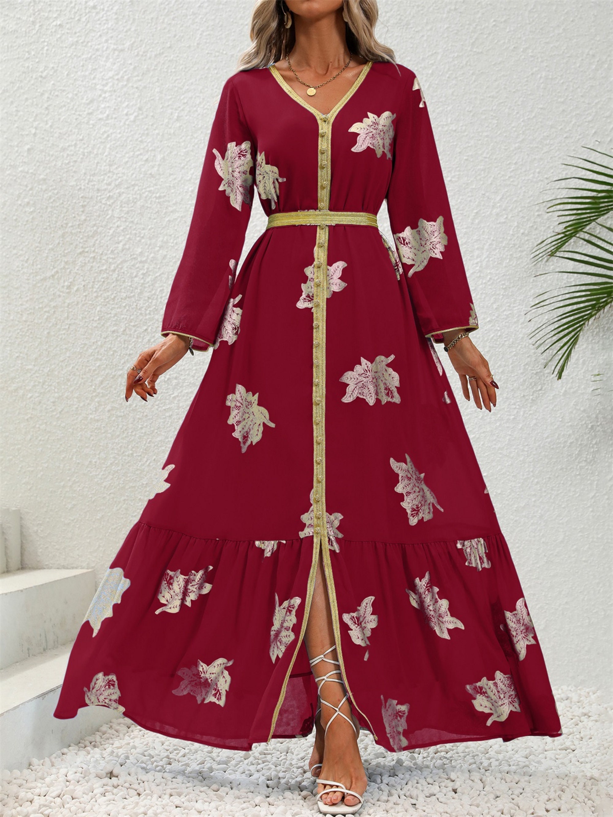 Arabian Woman Robe Dubai Style Gold V-neck Abaya With Band Trim and ...