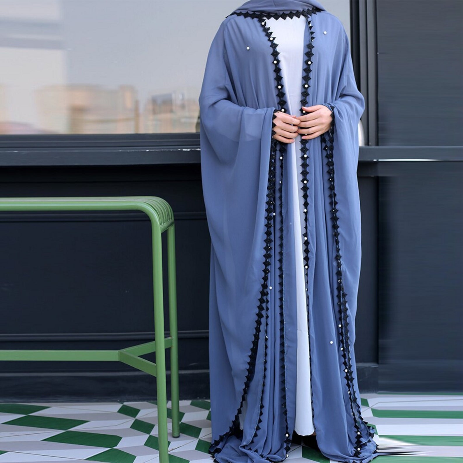 Turkish Islamic Clothing Muslim Open Abaya Women Beading Floral Maxi ...
