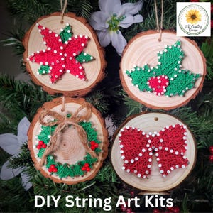 Christmas Tree String Art Ornament kits, Real wood slice, crafts for kids, teens and adults. DIY Christmas Ornaments.