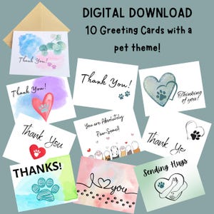 Pode incluir: Dez cartões de felicitação digitais com um tema de animais de estimação. Os cartões apresentam pegadas, corações e fundos de aquarela. O texto nos cartões inclui "Obrigado!" e "Pensando em você!"