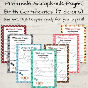Certidões de nascimento para cachorrinho ou cachorro, 7 cores, digital 6x9, livro de recordações para cães, diário, páginas pré-fabricadas prontas para imprimir, para download,