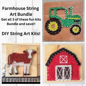 May include: Farmhouse string art bundle featuring three DIY kits. Includes a tractor, a cow, and a barn, all crafted with string on wooden boards. The text reads "Farmhouse String Art Bundle" and "DIY String Art Kits!"