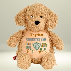 May include: A plush, curly-haired dog toy in shades of tan and brown. The dog has a black nose and eyes. The dog's chest features embroidered text: "Kayden Christensen", "Great to be 8", a shield, a rainbow, and the date "11-18-2025".