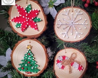 Christmas Tree  String Art Ornament kits, Real wood slice, crafts for kids, teens and adults. DIY Christmas Ornaments. Party activity!