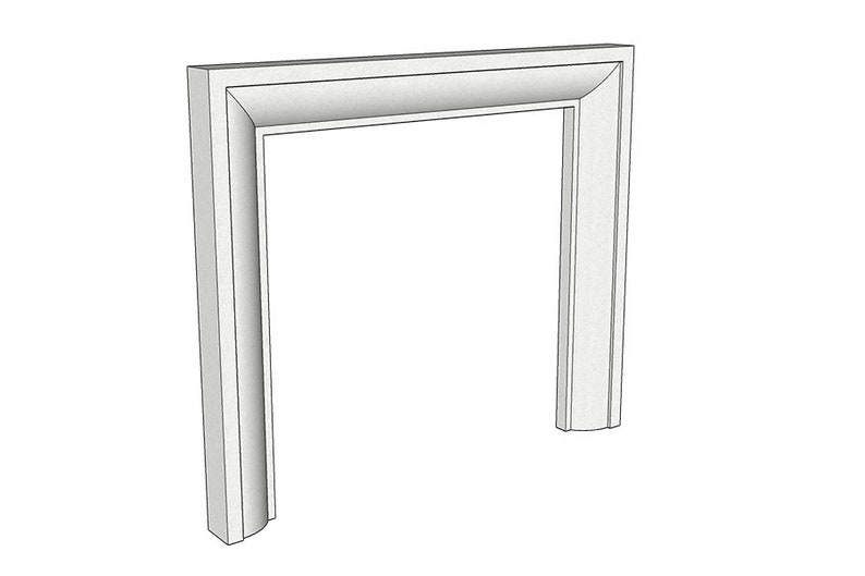 May include: White fireplace surround with a simple, rectangular design. The surround has a slightly rounded top and bottom.