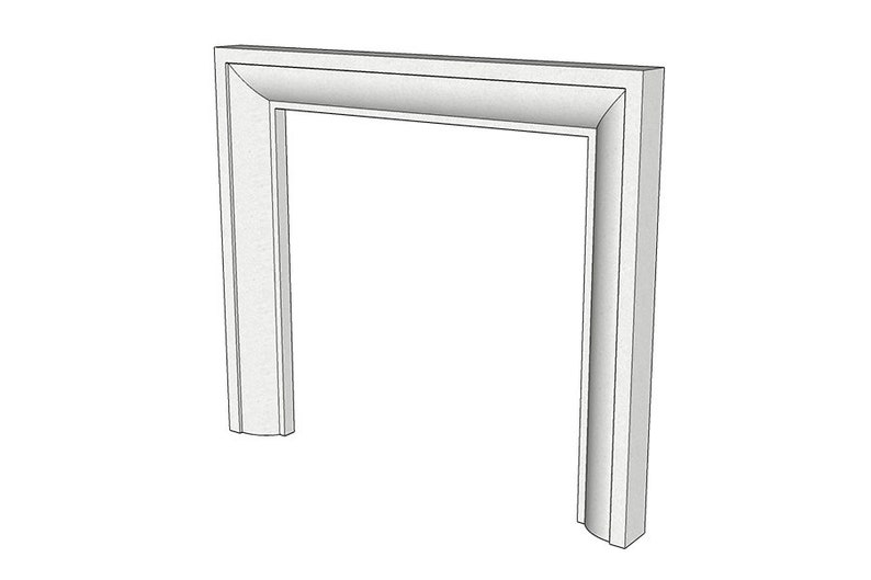 May include: White fireplace surround with a simple, rectangular design. The surround has a slightly rounded top and bottom edge.