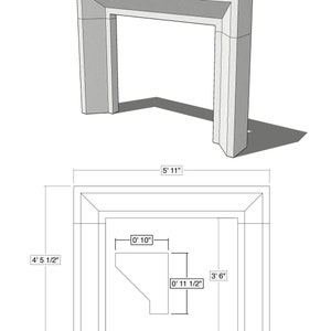 May include: A diagram of a cast stone fireplace with measurements in feet and inches. The fireplace is 5' 11" wide, 4' 5 1/2" tall, and has an opening of 3' 6" wide and 0' 11 1/2" tall. The text "OREGON CASTINGS & DESIGN" is at the bottom of the image.