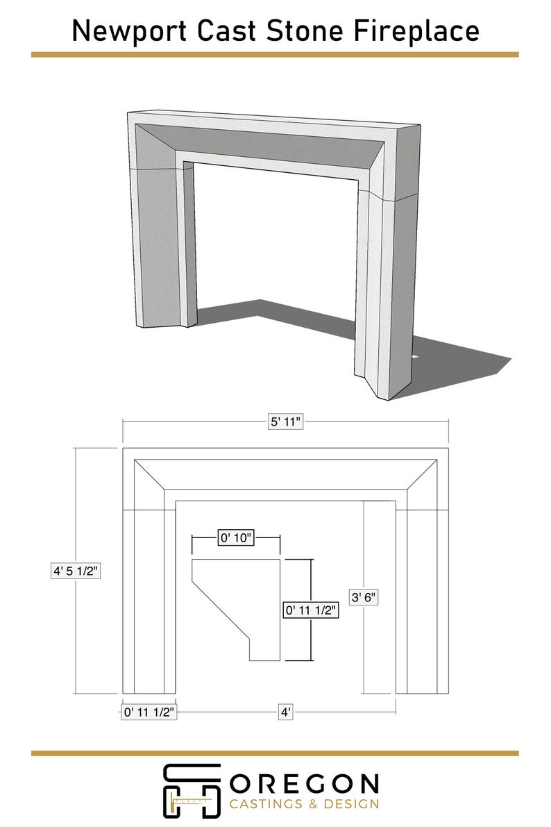 May include: A diagram of a cast stone fireplace with measurements in feet and inches. The fireplace is 5' 11" wide, 4' 5 1/2" tall, and has an opening of 3' 6" wide and 0' 11 1/2" tall. The text "OREGON CASTINGS & DESIGN" is at the bottom of the image.