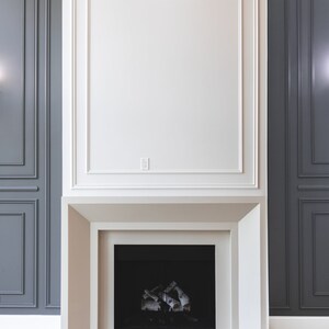 May include: A white fireplace with a black firebox and a white surround. The fireplace is set against a dark gray wall.