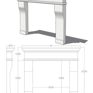 May include: Line drawing of a fireplace mantel made of cast stone. The mantel is 6 feet wide, 4 feet 11 1/8 inches tall, and 3 feet 9 1/2 inches deep. The drawing includes measurements in inches and feet.