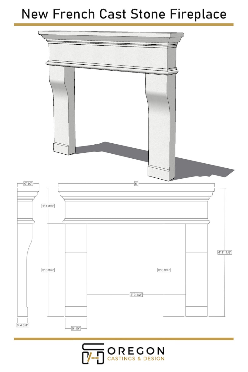 May include: Line drawing of a fireplace mantel made of cast stone. The mantel is 6 feet wide, 4 feet 11 1/8 inches tall, and 3 feet 9 1/2 inches deep. The drawing includes measurements in inches and feet.