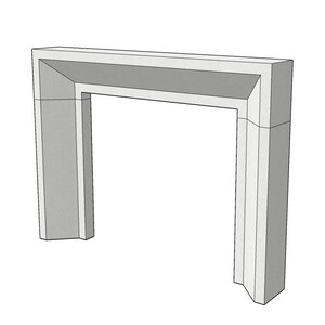 May include: A white, rectangular fireplace surround with a simple, modern design. The surround has a flat top and a slightly curved bottom.