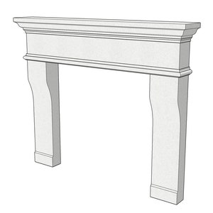 May include: White fireplace mantel with a simple design. The mantel has a flat top and two vertical supports.
