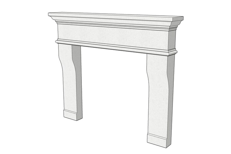 May include: White fireplace mantel with a simple design. The mantel has a flat top and two vertical supports.