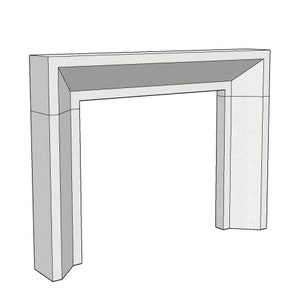 May include: A white fireplace mantel with a simple, rectangular design. The mantel has a flat top and a slightly angled front edge.