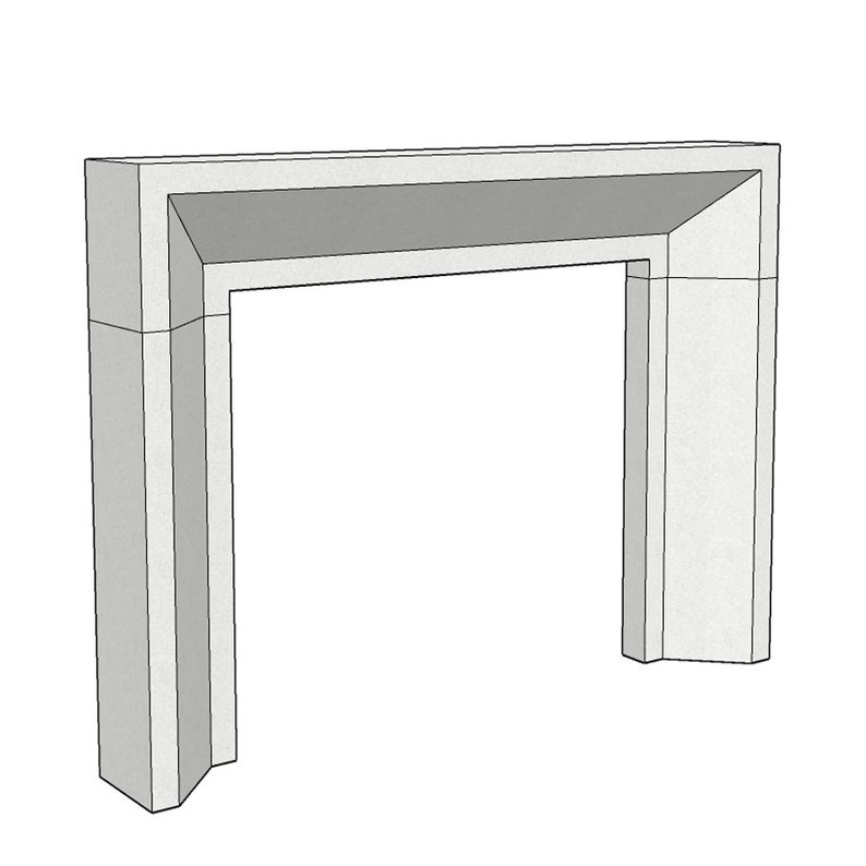 May include: A white fireplace mantel with a simple, rectangular design. The mantel has a flat top and a slightly angled front edge.