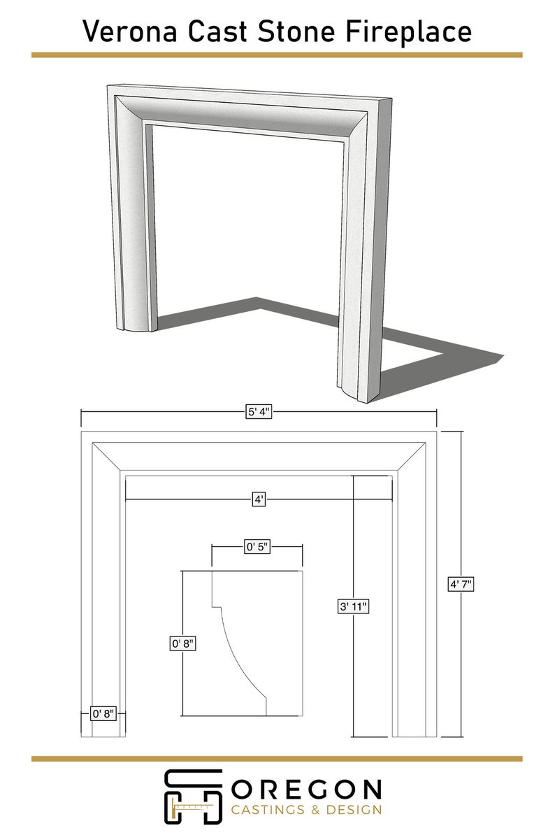 May include: A line drawing of a Verona Cast Stone Fireplace with dimensions in inches. The fireplace is 5 feet 4 inches wide, 4 feet high, and 4 feet 7 inches deep. The opening of the fireplace is 3 feet 11 inches wide and 0 feet 5 inches high.