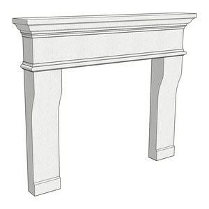 May include: White fireplace mantel with a simple design. The mantel has a rectangular top with a raised edge and two vertical supports.