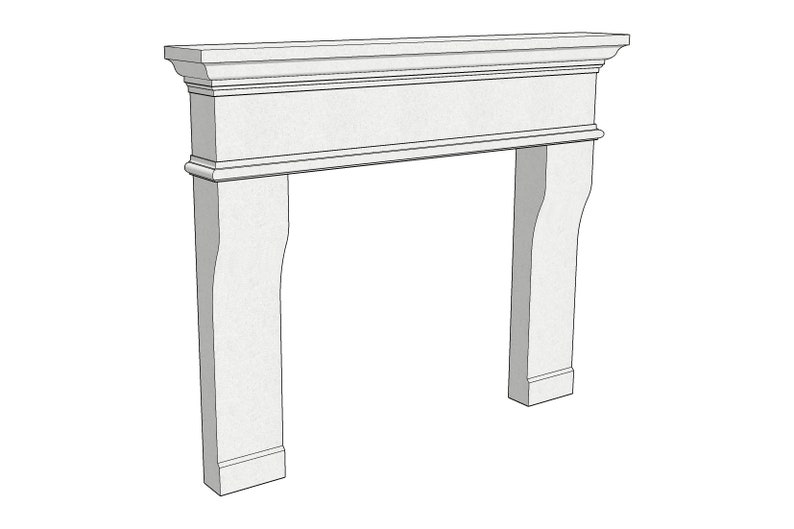May include: White fireplace mantel with a simple design. The mantel has a rectangular top with a raised edge and two vertical supports.