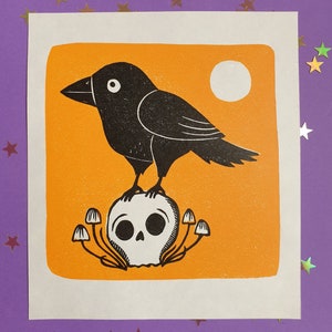 Raven linocut print | spoopy raven lino print | halloween wall decor | raven and skull linocut | spooky linocut | cute halloween lino print