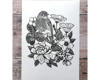 Robin Linocut Print | Original A4 'Summer Garden' Art | Gifts For Gardeners | Handprinted | Botanical | Wildlife | Gifts For Bird Lovers