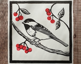 Chickadee linocut print | original Chickadee linocut | gift for a bird lover | square chickadee linocut | North American songbird linocut