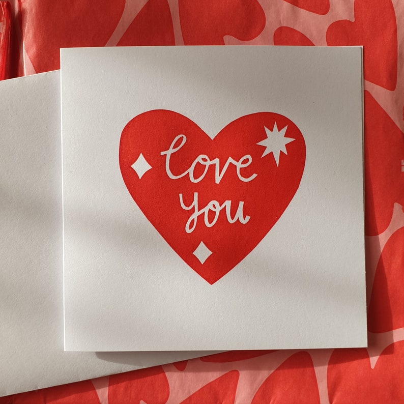 Love You greetings card hand printed love heart card red heart greetings card valentine's card galentine's card anniversary card image 6