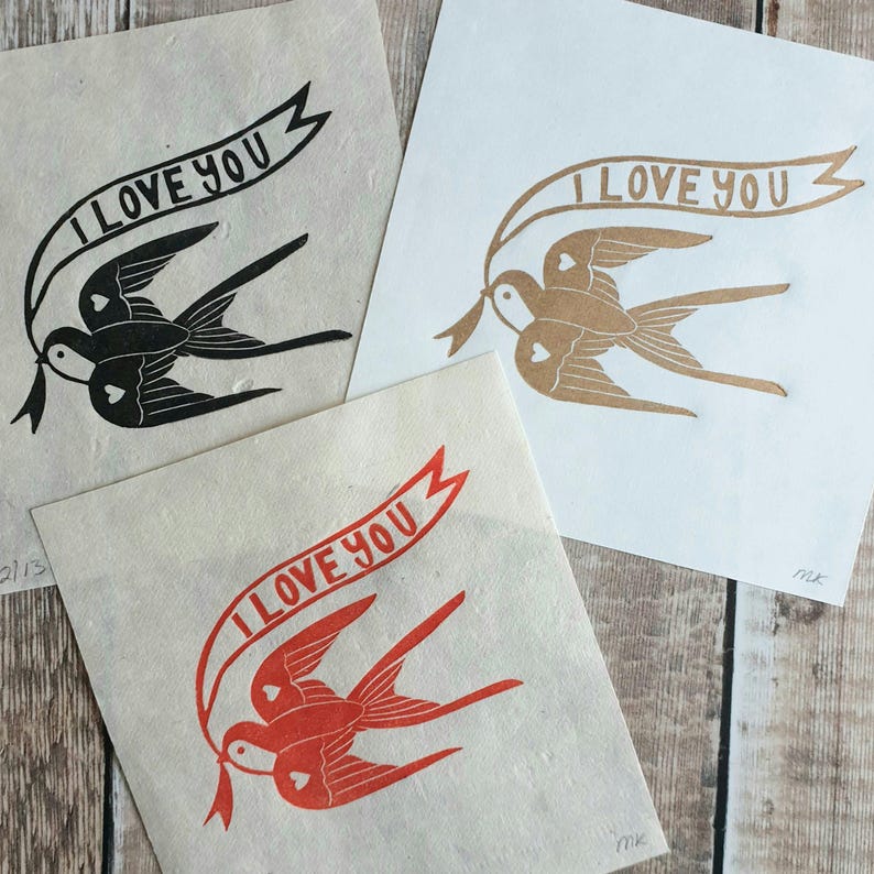 Love Bird Linocut Print | Love Themed | Bird Mini Print | Original Art | Stylized Bird | Tattoo Style | Cute 'Love You' Art | Giftable Art afbeelding 15