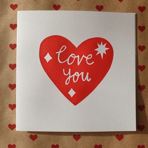 Love You greetings card hand printed love heart card red heart greetings card valentine's card galentine's card anniversary card image 7