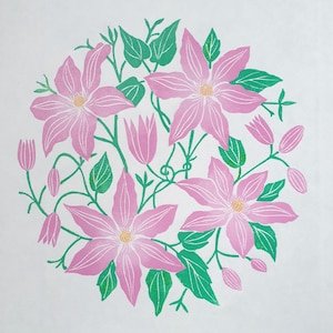 Pink Clematis Flower Linocut Print - Original Botanical Linocut, Floral Wall Art, Hand Printed Clematis Flowers, Color Flowers Linocut