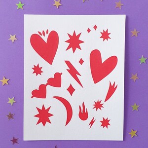 Hearts and stars love motifs screen print | 'Lovestruck' screen print |  | mini heart screen print | gift for a colour lover | red decor