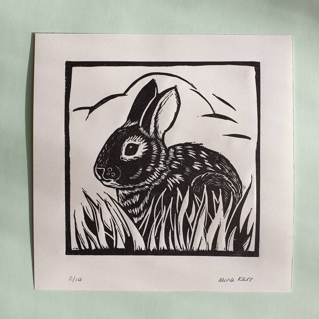Bunny Linocut Print Original Rabbit Linocut Wildlife Linocut Gift for