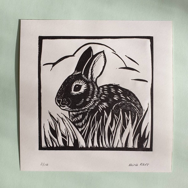 Bunny linocut print | original rabbit linocut | wildlife linocut | gift for an animal lover | square bunny print | gift for a wildlife lover