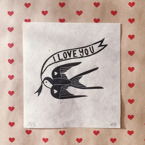 Love Bird Linocut Print | Love Themed | Bird Mini Print | Original Art | Stylized Bird | Tattoo Style | Cute 'Love You' Art | Giftable Art