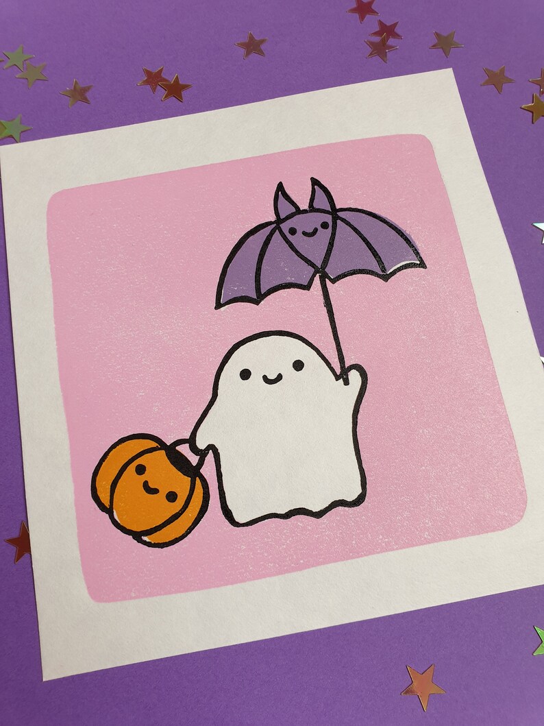 Ghost friends linocut print cute halloween lino print gift for a friend cute print cute gifts kawaii print pastel colours print image 9