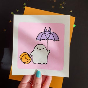 Ghost friends linocut print cute halloween lino print gift for a friend cute print cute gifts kawaii print pastel colours print image 4