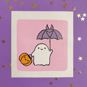 Ghost friends linocut print | cute halloween lino print | gift for a friend | cute giftable print | kawaii lino print | pastel colours print