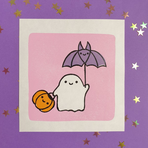 Ghost friends linocut print | cute halloween lino print | gift for a friend | cute print | cute gifts | kawaii print | pastel colours print