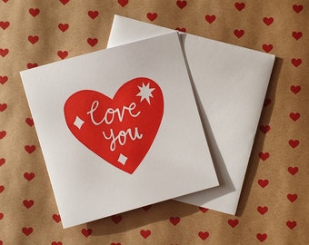 Ik hou van je wenskaart | handgedrukte liefdeshartkaart | rood hart wenskaart | valentijnskaart | Galentine's kaart | jubileum kaart