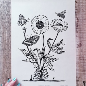Poppies Linocut Print: Summer Garden Visitors - A4 Botanical Art