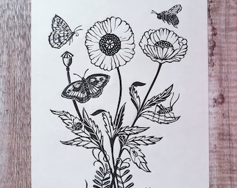 Summer Visitors botanical garden linocut | butterflies and bee linocut | gift for a flower lover | poppies linocut | gift for a nature lover