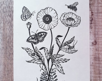 May include: Black and white linocut print of a poppy flower with butterflies and a bee. The print is titled "Summer Visitors" and signed "Mina Kerr".