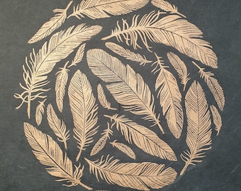 Feathers Linocut Print | Original Artwork | Copper Wall Art | Nature Inspired Decor | Handprinted | Feather Illustration | Giftable Art